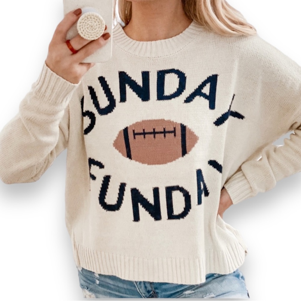 MOON & MADISON Sunday Funday Football Sweater Cropped Ivory Crew NEW Size Medium
